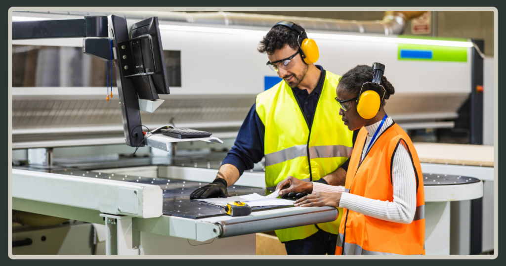 Two factory workers in high-visibility vests and ear protection review a technical document together next to a large piece of industrial machinery.
