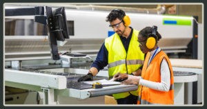 Two factory workers in high-visibility vests and ear protection review a technical document together next to a large piece of industrial machinery.